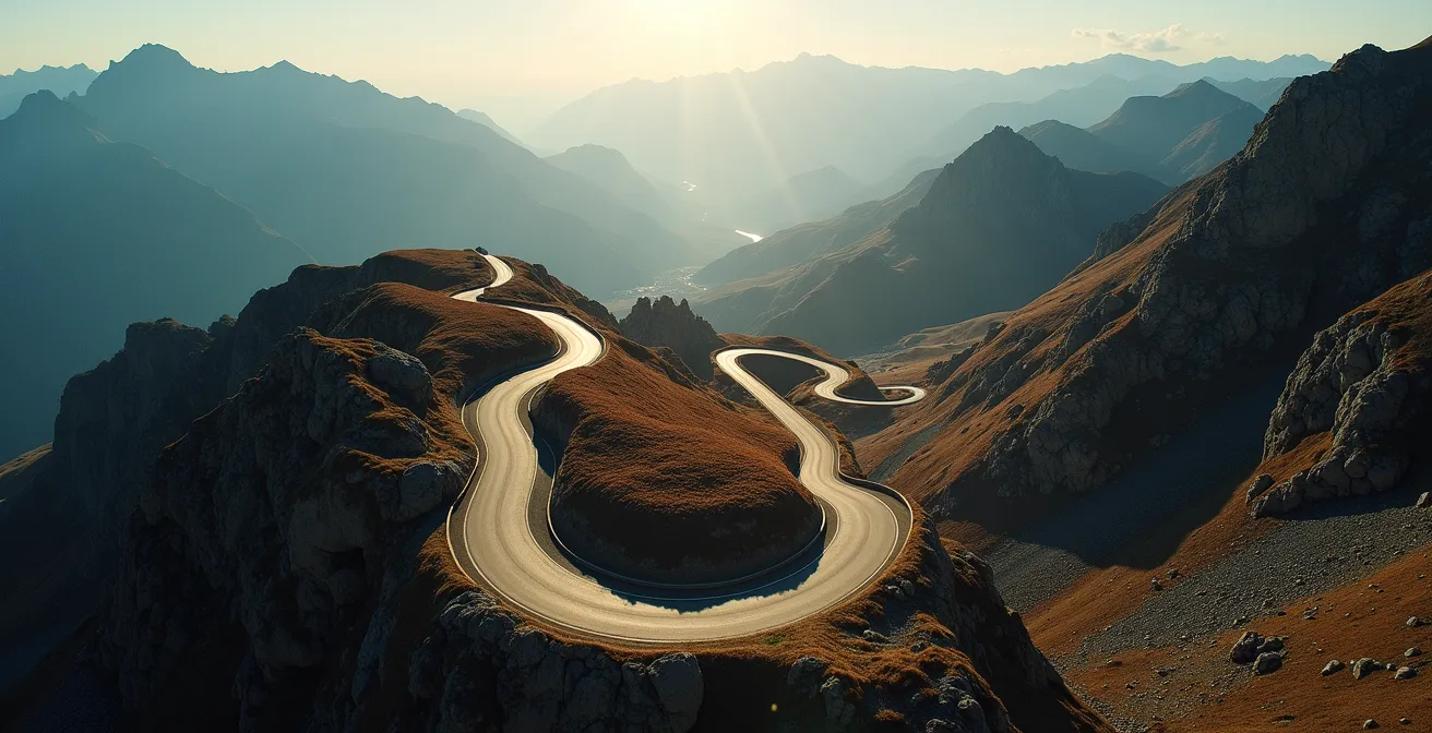 Vista aérea de carretera de montaña española con múltiples curvas cerradas