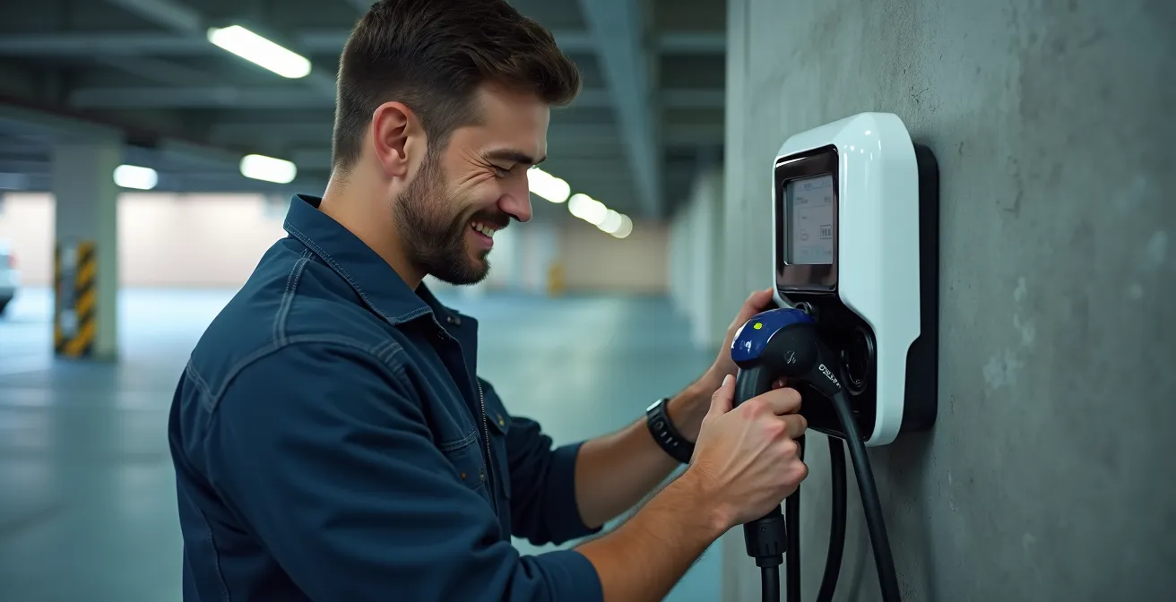 Punto de carga para moto eléctrica instalado en plaza de garaje comunitario