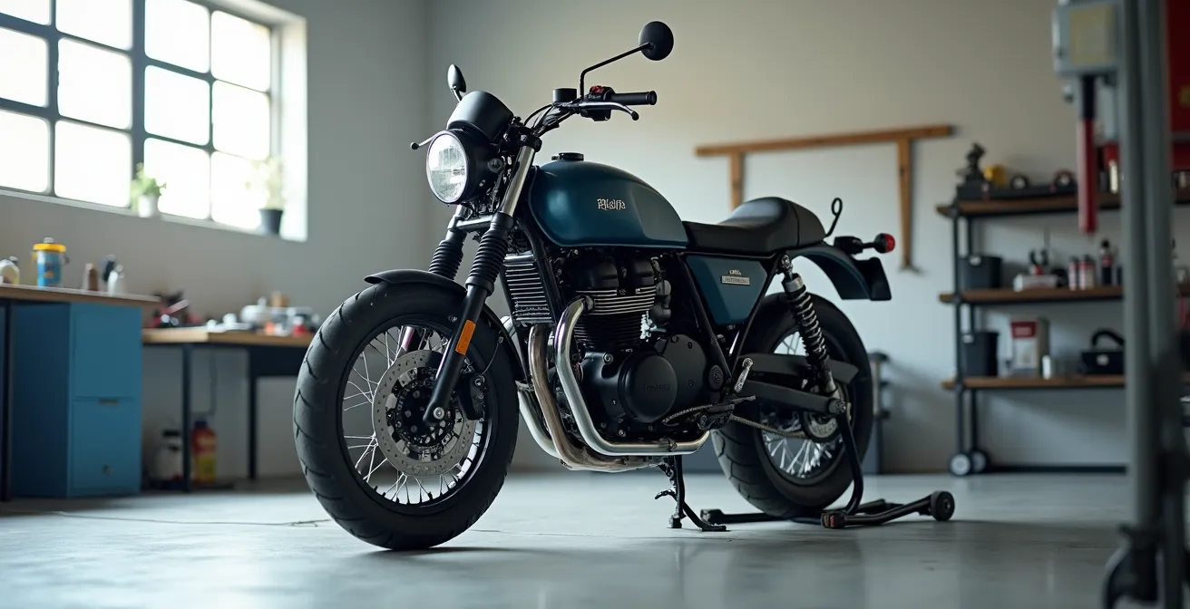 Motocicleta en caballete central sobre superficie nivelada durante proceso de recalibración de IMU