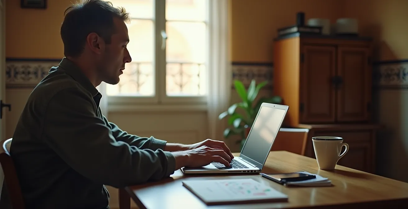Persona usando un ordenador portátil para gestionar permisos de acceso vehicular en casa