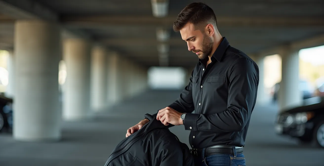 Motorista con pantalón vaquero de kevlar y camisa técnica ventilada preparándose en parking de oficina