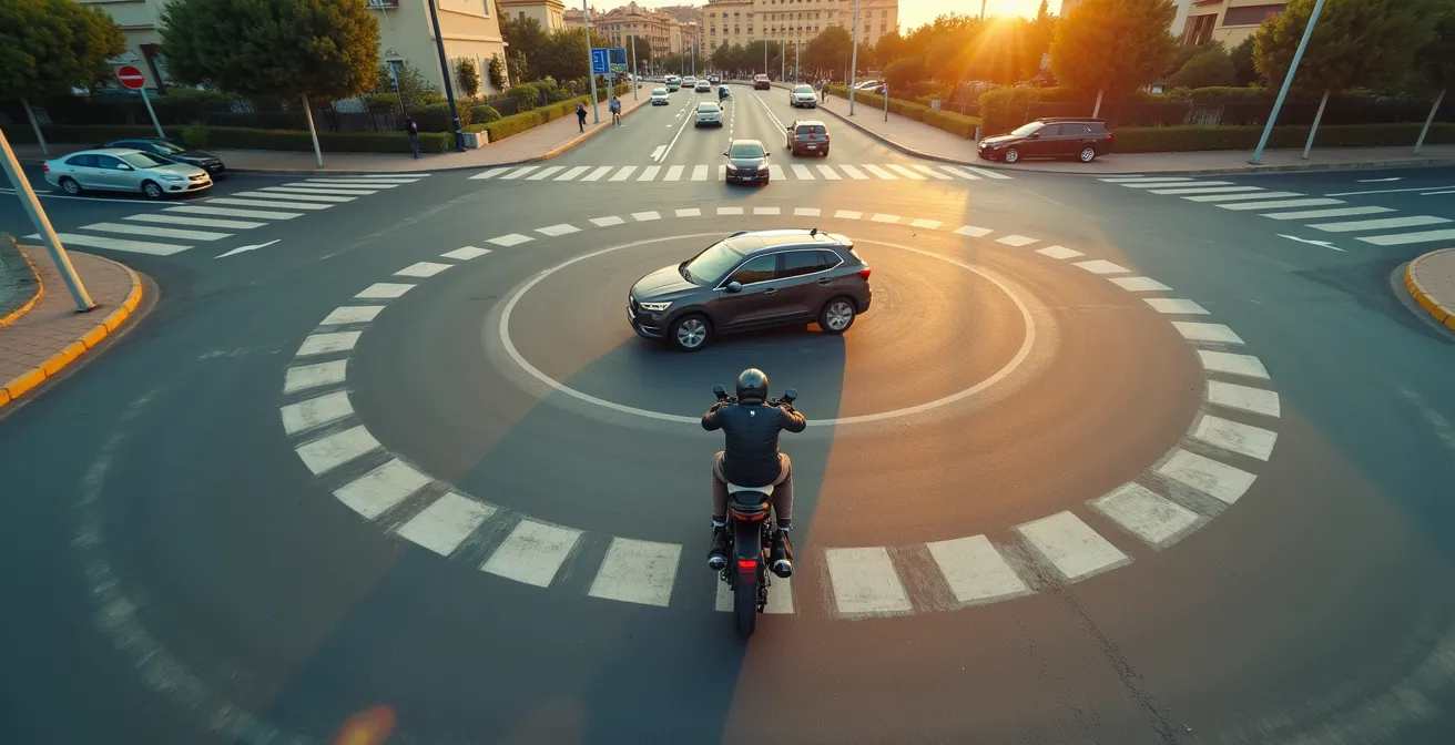 Vista aérea de rotonda española con trayectorias de vehículos marcadas
