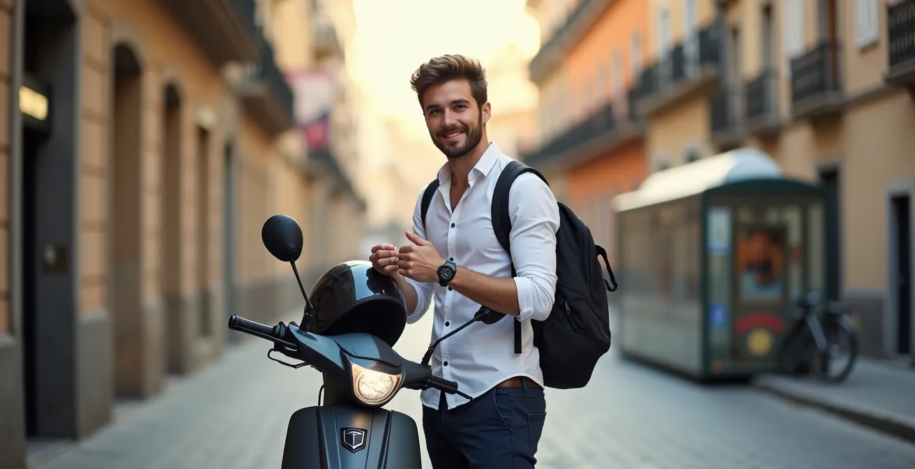 Un joven profesional junto a su scooter 125cc en una calle de una ciudad española, transmitiendo eficiencia y libertad.