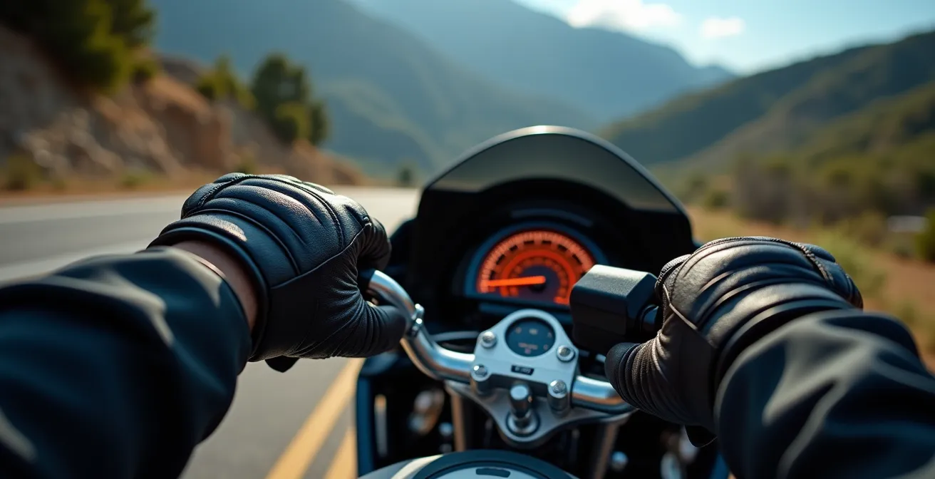 Manos de motorista ejecutando cambio de modo en controles del manillar