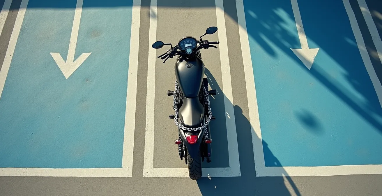 Vista cenital de moto asegurada con cadena en aparcamiento urbano específico para motos