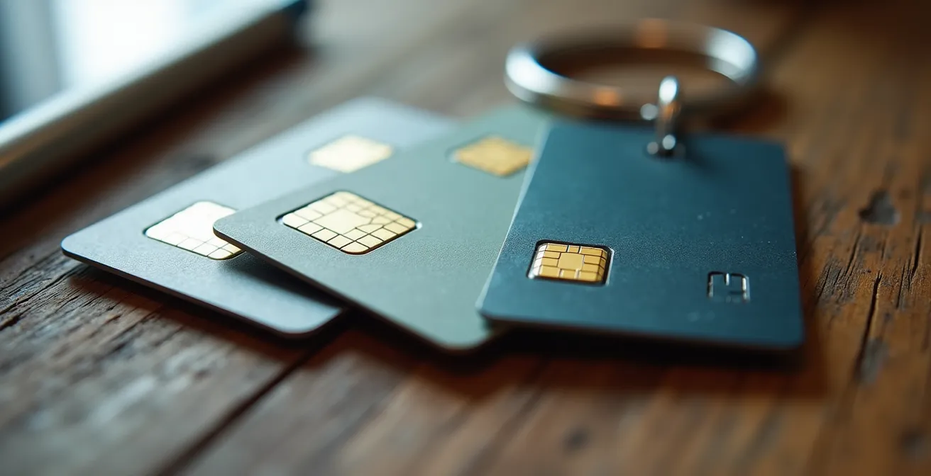 Primer plano macro de varias tarjetas RFID de diferentes operadores de carga sobre una superficie de madera