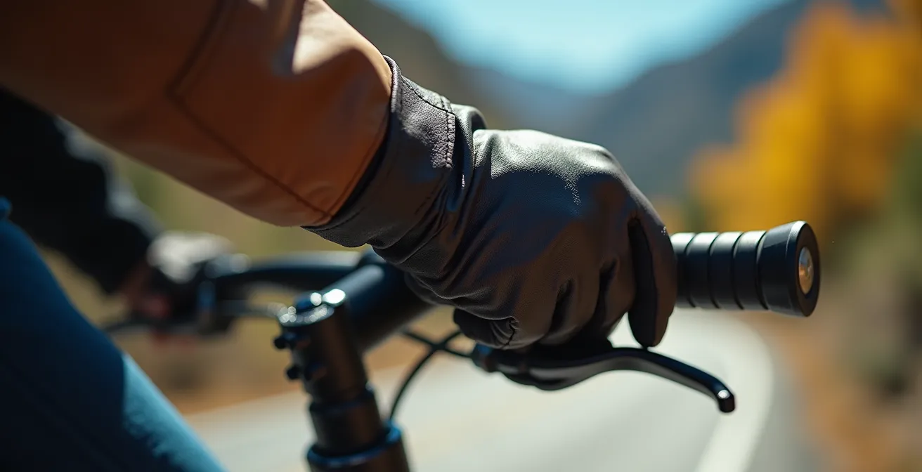 Vista macro de mano aplicando presión progresiva en maneta de freno durante inclinación