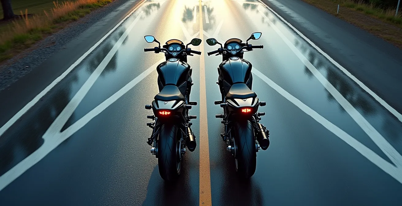 Vista cenital de motocicleta mostrando la distribución de peso y fuerzas durante frenada con ambos frenos