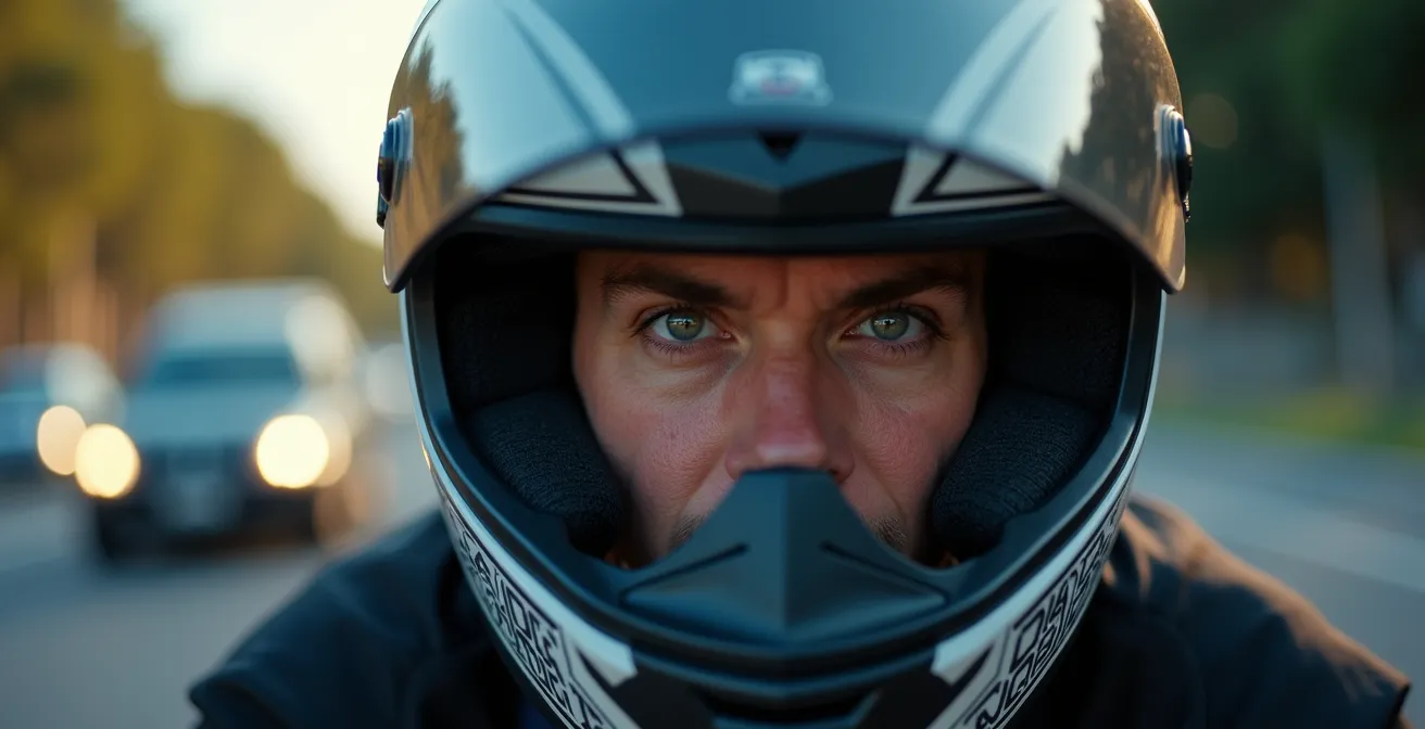 Motociclista aplicando técnica de mirada hacia el espacio libre en una rotonda