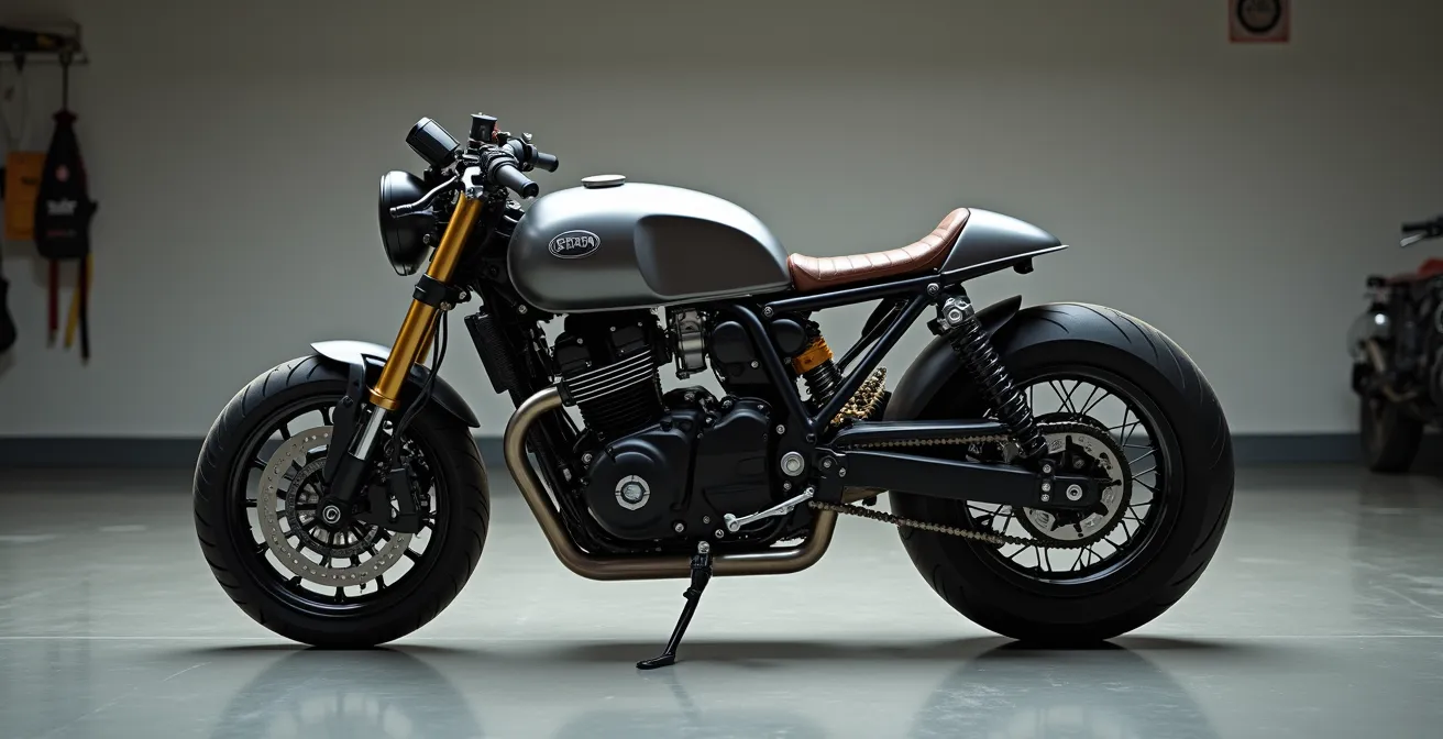 Vista lateral de una moto naked mostrando diferentes ubicaciones posibles para la etiqueta ambiental