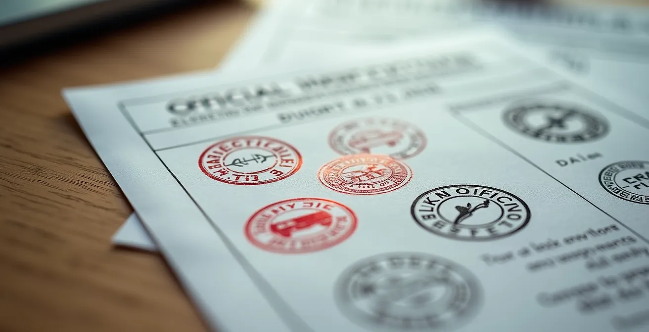 Vista detallada de documentos de ITV con sello oficial sobre mesa de trabajo